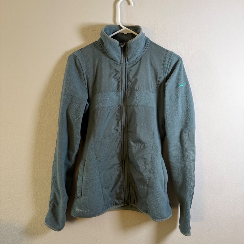 Nike Therma-FIT Womens XS Fleece Full Zip Jacket Slate Blue Green Mock Neck